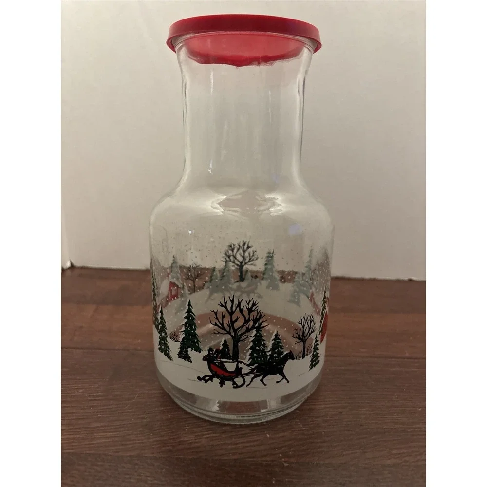 Vintage Christmas Sleigh Ride Glass Carafe Jug Juice Eggnog Decanter 9